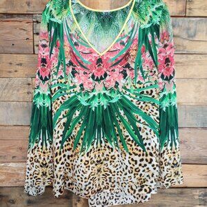 Elie Tahari Silk Floral Tropical Animal Print Tunic Blouse Top V neck Size S